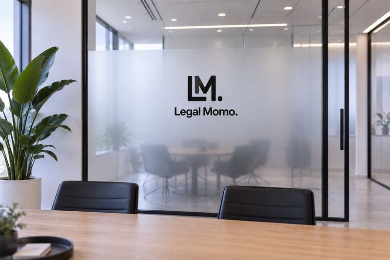 Vergaderruimte met het Legal Momo-logo op de glazen wand